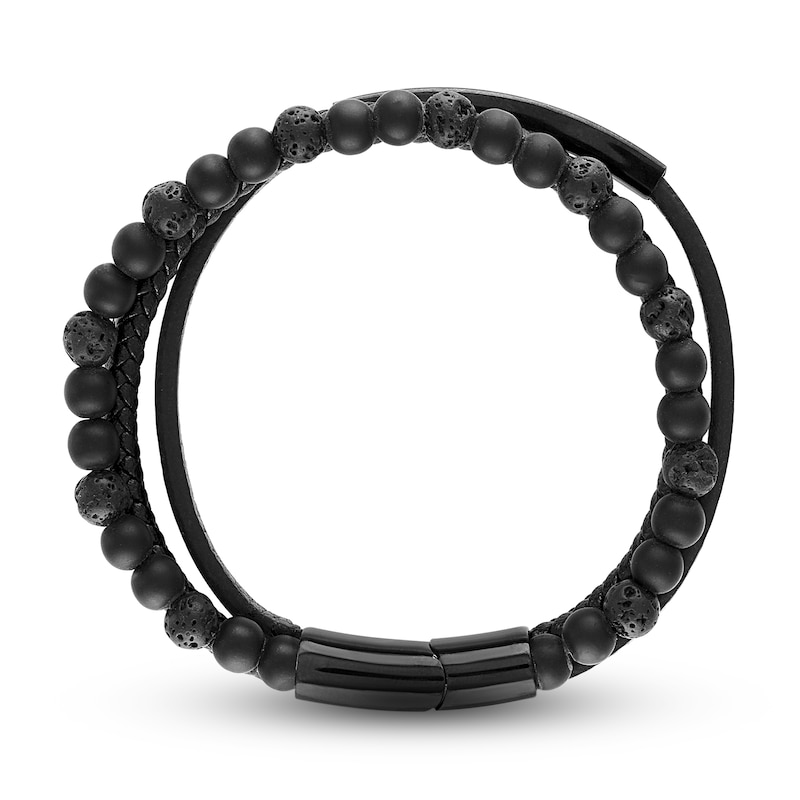 Main Image 3 of Men's Natural Onyx Bracelet Black Leather Stainless Steel 8.5"