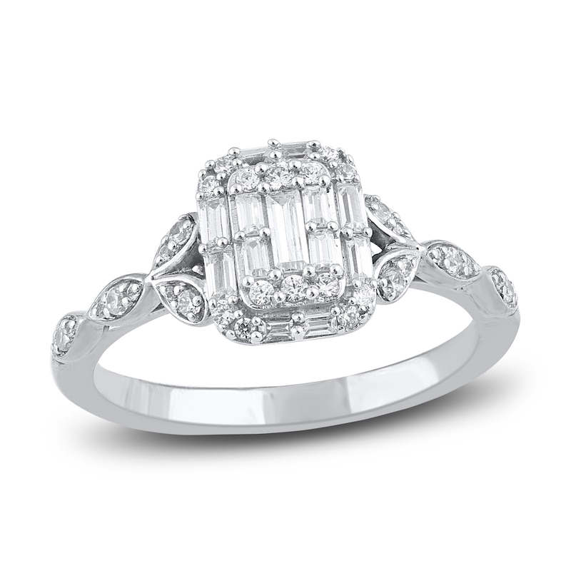 Diamond Engagement Ring 3/8 ct tw Round/Baguette 14K White Gold