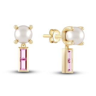 Juliette Maison Natural Pink Tourmaline Baguette and Freshwater Cultured Pearl Earrings 10K Yellow Gold
