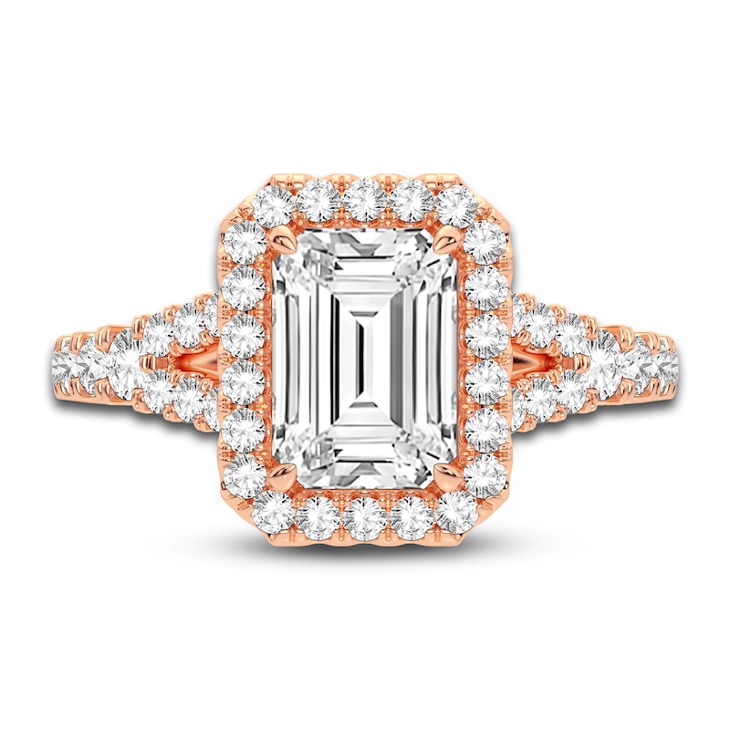 Main Image 3 of Lab-Grown Diamond Engagement Ring 2-3/4 ct tw Emerald/Round 14K Rose Gold