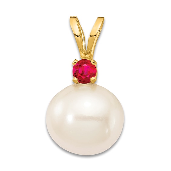 Freshwater Cultured Pearl & Natural Ruby Necklace Charm 14K Yellow Gold