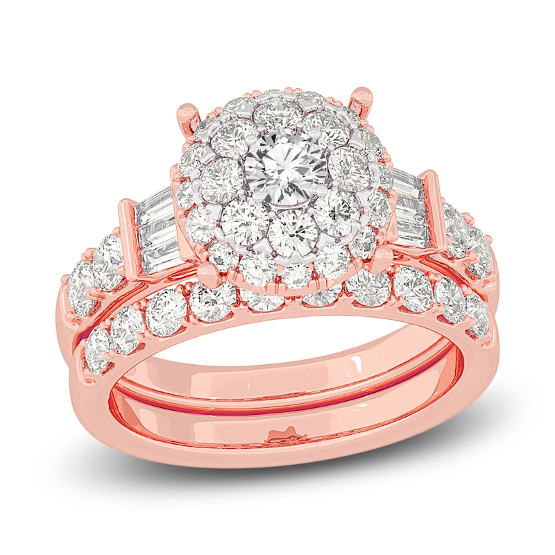 Main Image 1 of Diamond Halo Bridal Set 2 ct tw Round/Baguette 14K Rose Gold