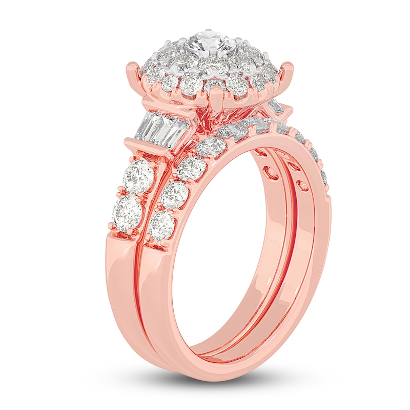 Main Image 2 of Diamond Halo Bridal Set 2 ct tw Round/Baguette 14K Rose Gold