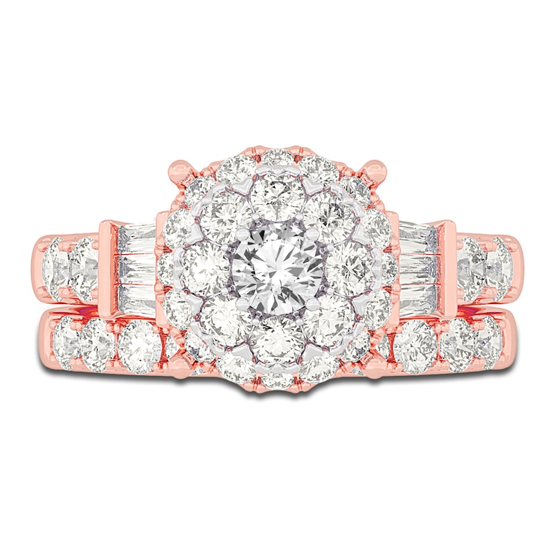 Main Image 3 of Diamond Halo Bridal Set 2 ct tw Round/Baguette 14K Rose Gold