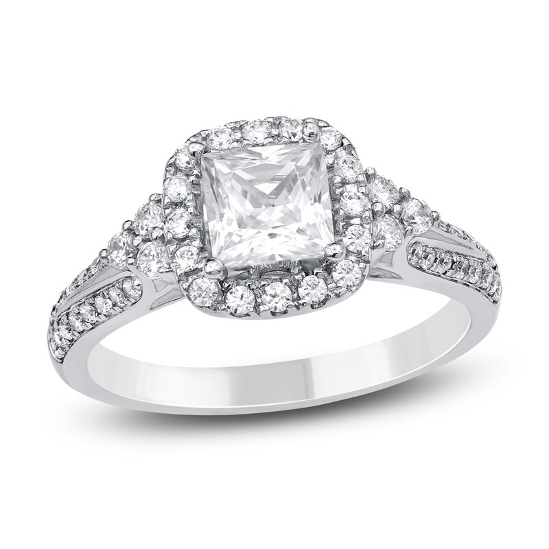 Main Image 1 of Princess & Round-Cut Diamond Halo Ring 1-1/5 ct tw 14K White Gold