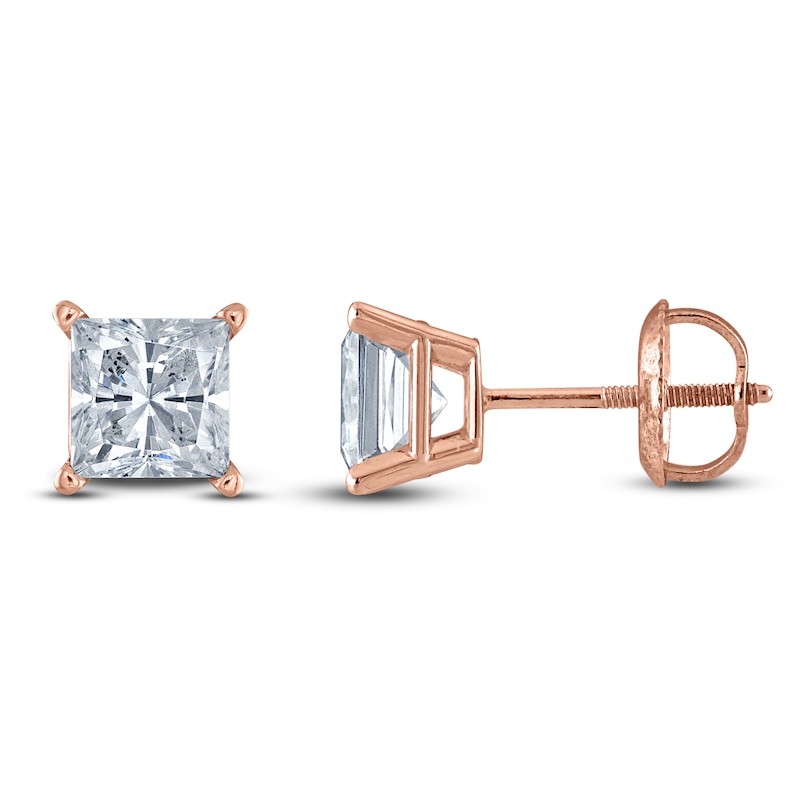 Main Image 1 of Certified Princess-Cut Diamond Solitaire Stud Earrings 1 ct tw 14K Rose Gold (I/I1)