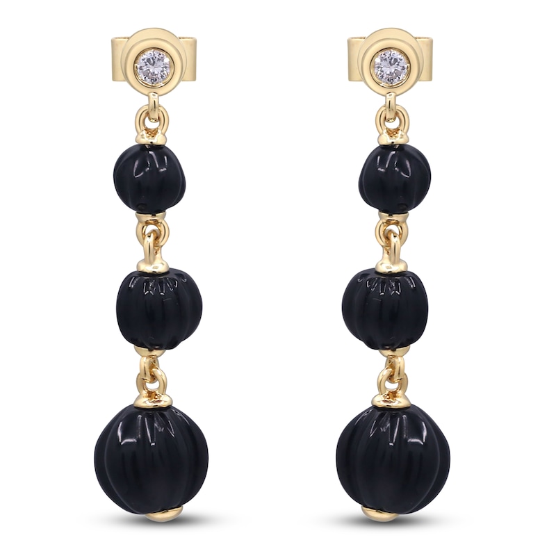 Main Image 1 of Natural Black Onyx Bead & Diamond Graduated Drop Earrings 1/20 ct tw 14K Yellow Gold