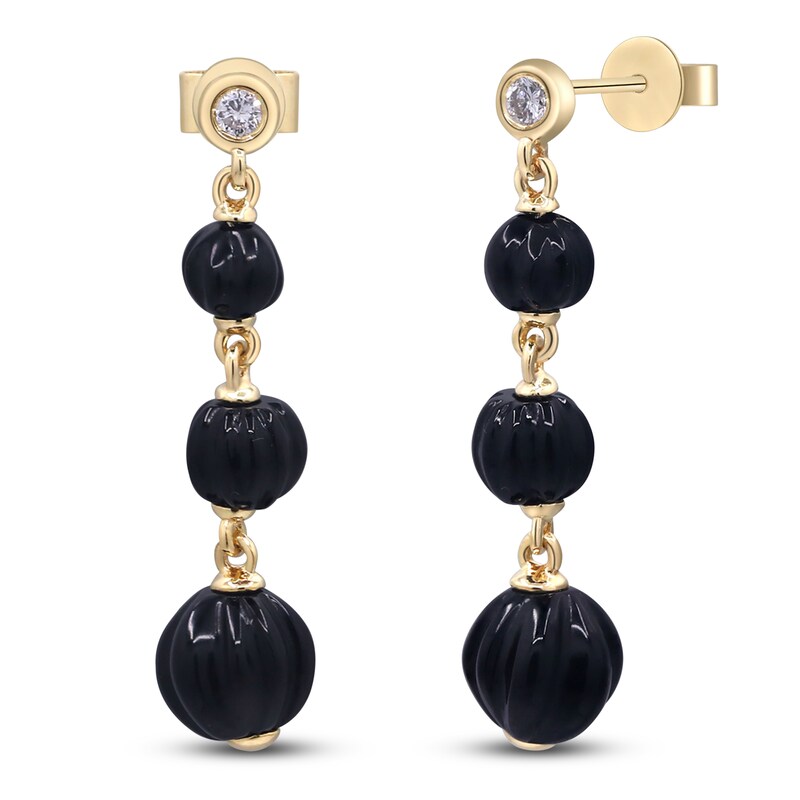 Main Image 2 of Natural Black Onyx Bead & Diamond Graduated Drop Earrings 1/20 ct tw 14K Yellow Gold