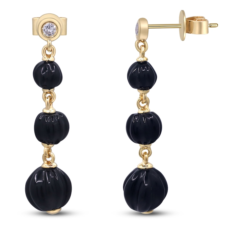 Main Image 3 of Natural Black Onyx Bead & Diamond Graduated Drop Earrings 1/20 ct tw 14K Yellow Gold