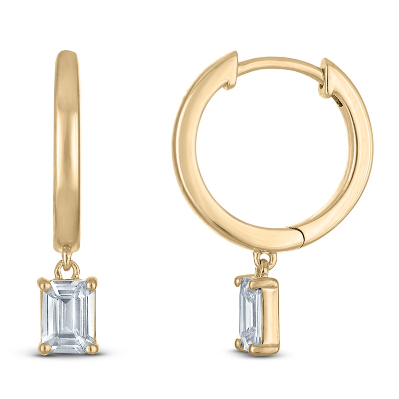 Main Image 1 of Certified Emerald-Cut Diamond Solitaire Dangle Hoop Earrings 1 ct tw 14K Yellow Gold (I/I1)