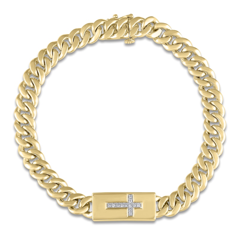 Main Image 1 of Men's Diamond Cross Miami Curb Chain Bracelet 1/10 ct tw 10K Yellow Gold 8.5"