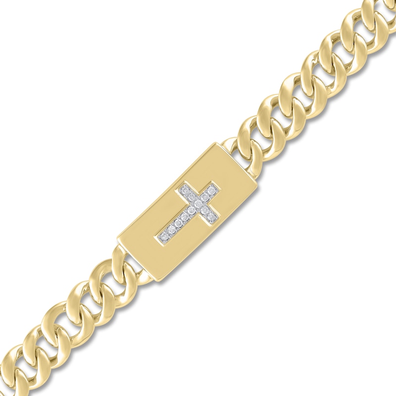 Main Image 2 of Men's Diamond Cross Miami Curb Chain Bracelet 1/10 ct tw 10K Yellow Gold 8.5"