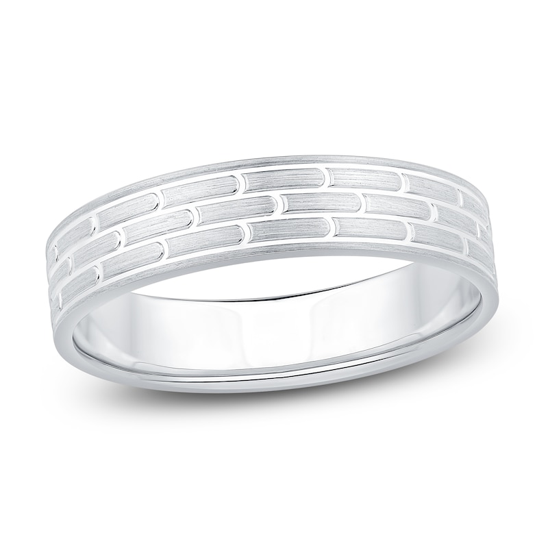 Main Image 1 of Men's Brushed Brick Pattern Wedding Band 14K White Gold 4.9mm