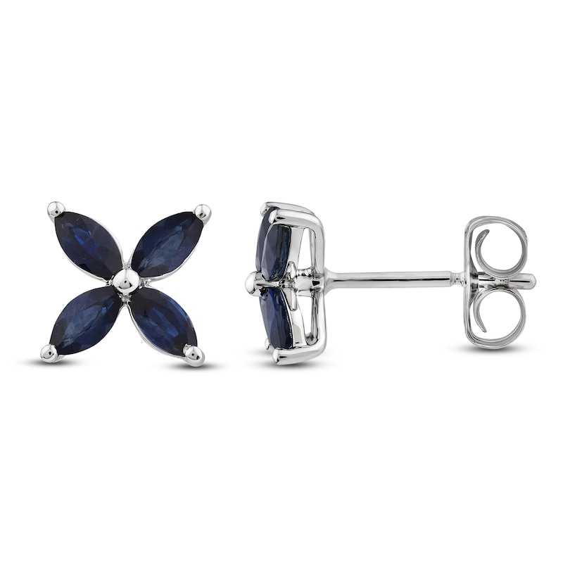 Main Image 1 of Marquise-Cut Natural Blue Sapphire Flower Earrings 10K White Gold