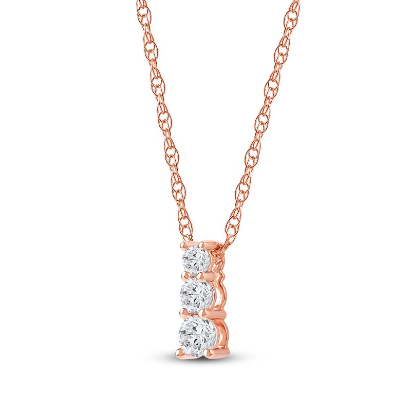 Main Image 2 of Lab-Grown Diamond Graduated Three-Stone Drop Necklace 1/4 ct tw 14K Rose Gold 18"