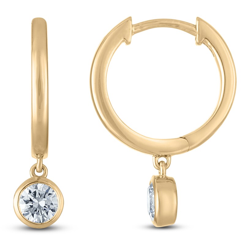 Main Image 1 of Round-Cut Lab-Grown Diamond Solitaire Dangle Hoop Earrings 1/2 ct tw 14K Yellow Gold (SI2/F)
