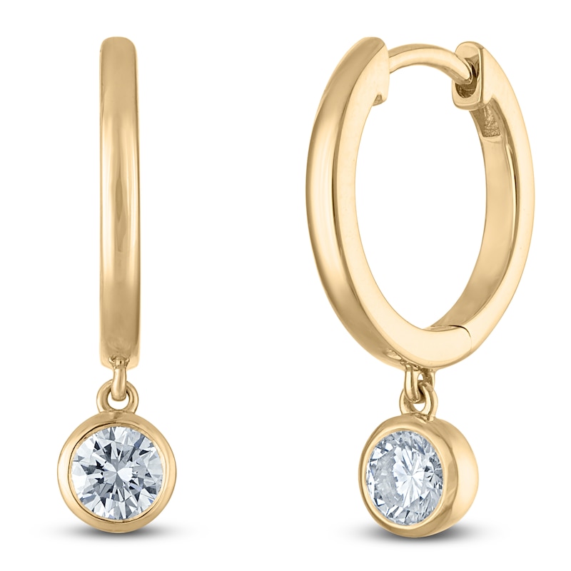 Main Image 2 of Round-Cut Lab-Grown Diamond Solitaire Dangle Hoop Earrings 1/2 ct tw 14K Yellow Gold (SI2/F)