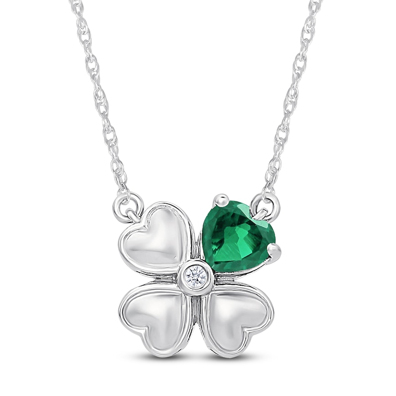 Main Image 1 of Heart-Shaped Lab-Created Emerald & White Lab-Created Sapphire Four-Leaf Clover Necklace Sterling Silver 18"
