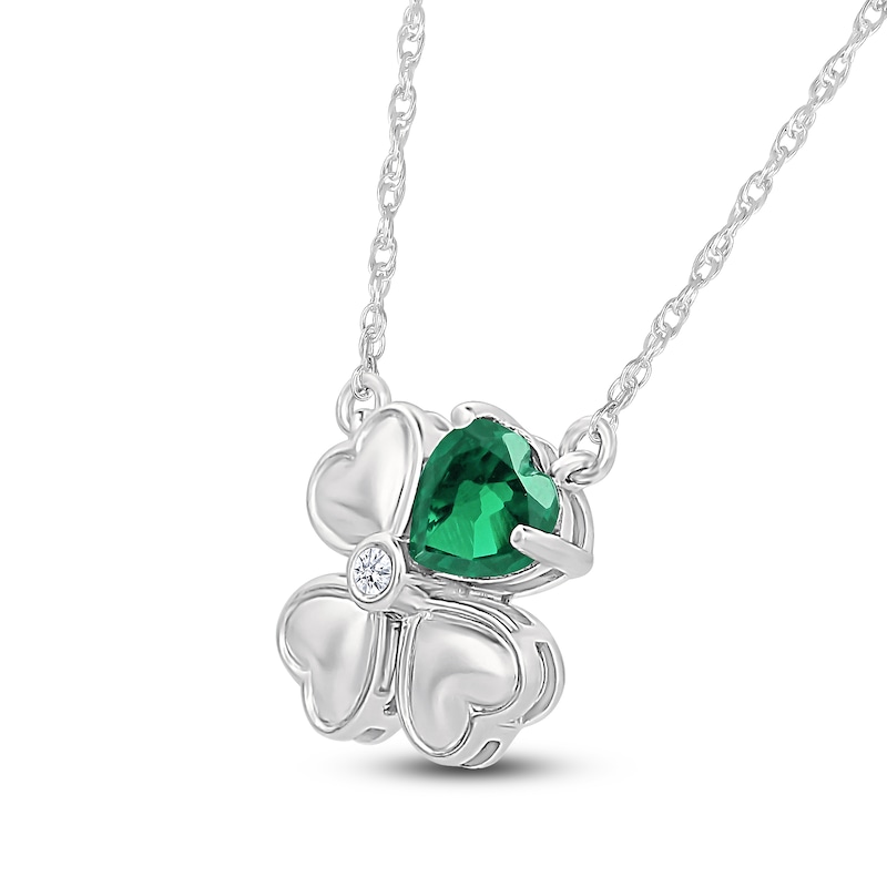 Main Image 2 of Heart-Shaped Lab-Created Emerald & White Lab-Created Sapphire Four-Leaf Clover Necklace Sterling Silver 18"