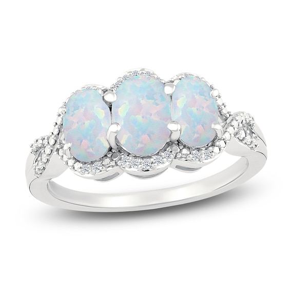 Pear-Shaped Lab-Created Opal, Lab-Created Emerald & White Lab-Created Sapphire Ring Sterling Silver
