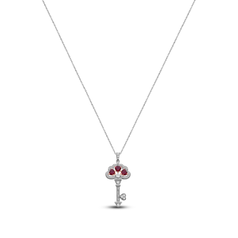Main Image 1 of Heart-Shaped Lab-Created Ruby and White Lab-Created Sapphire Key Necklace Sterling Silver and 10K Rose Gold 18"