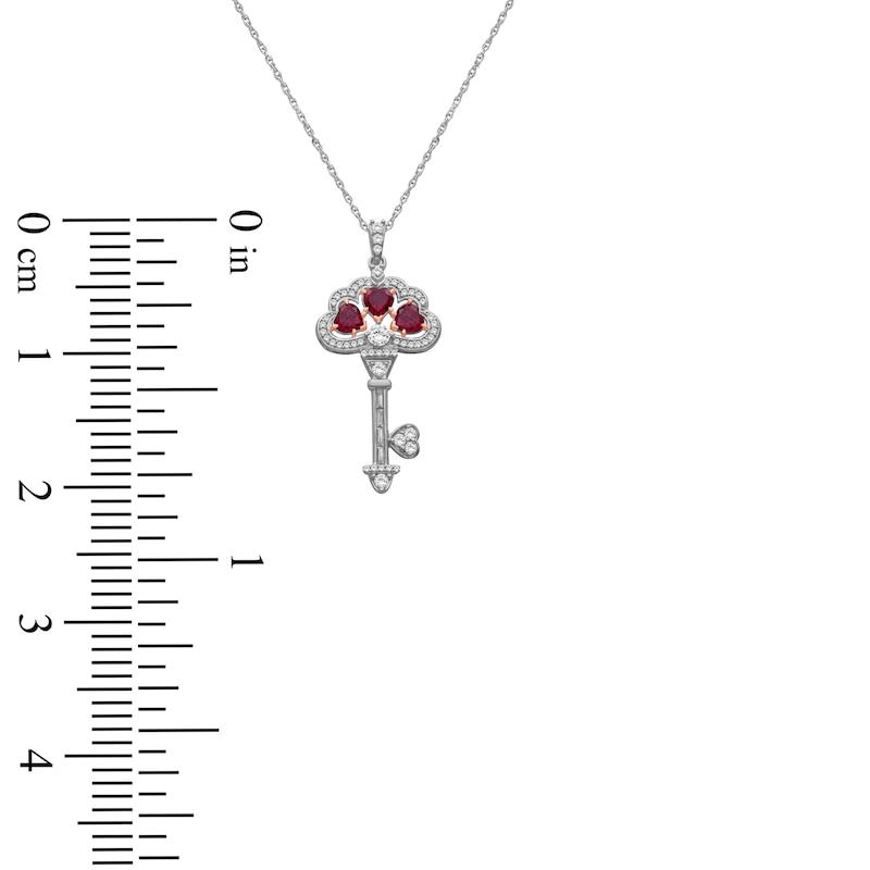 Main Image 5 of Heart-Shaped Lab-Created Ruby and White Lab-Created Sapphire Key Necklace Sterling Silver and 10K Rose Gold 18"