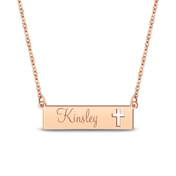 Engravable Name Bar Necklace with Cut-Out Cross 14K Rose Gold 18"