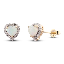 Heart-Shaped Natural Opal & Diamond Stud Earrings 1/6 ct tw 10K Yellow Gold