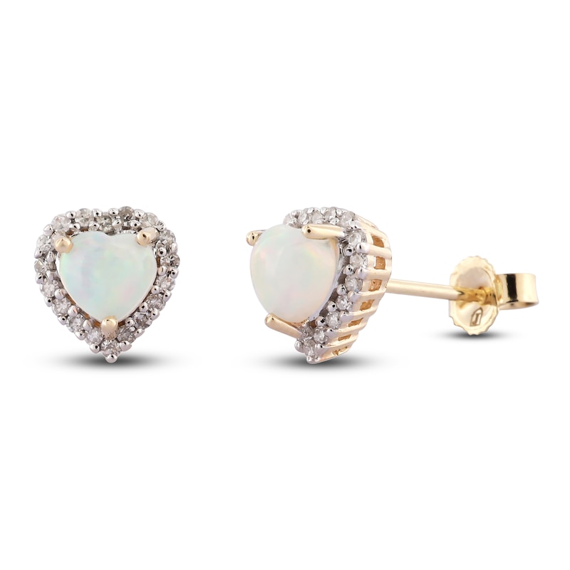 Main Image 1 of Heart-Shaped Natural Opal & Diamond Stud Earrings 1/6 ct tw 10K Yellow Gold