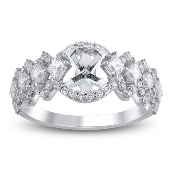 Princess & Round-Cut Lab-Grown Diamond Scalloped Engagement Ring Setting 1 ct tw 14K White Gold