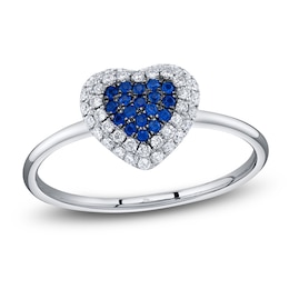 Shy Creation Natural Blue Sapphire & Diamond Heart Ring 1/6 ct tw 14K White Gold