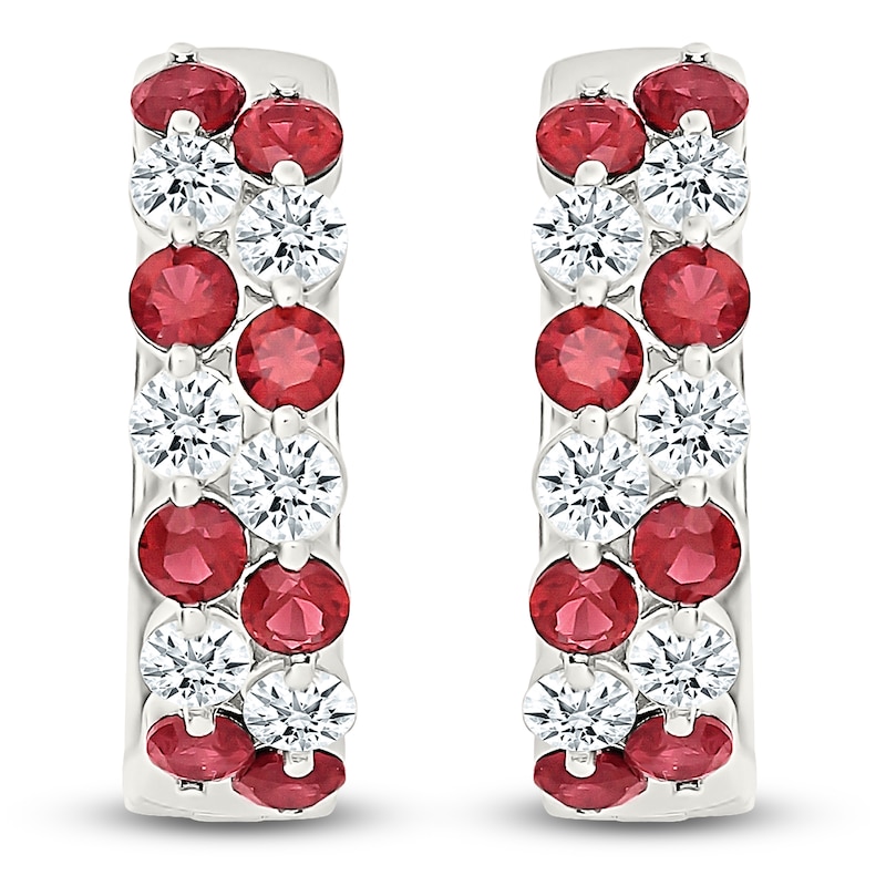 Main Image 1 of Lab-Created Ruby & White Lab-Created Sapphire Two-Row Hoop Earrings Sterling Silver