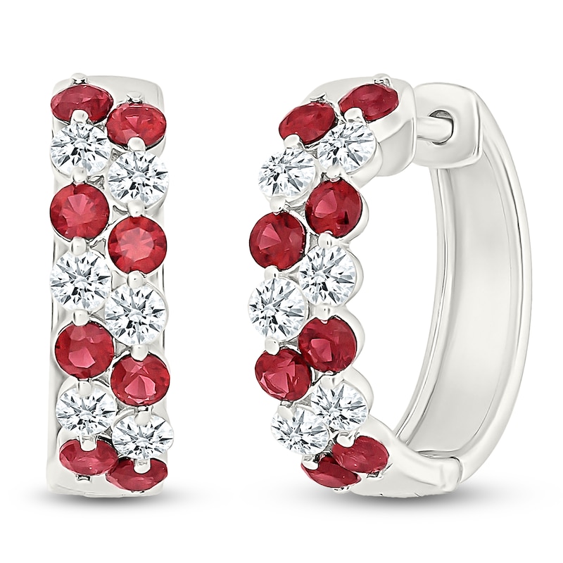 Main Image 2 of Lab-Created Ruby & White Lab-Created Sapphire Two-Row Hoop Earrings Sterling Silver