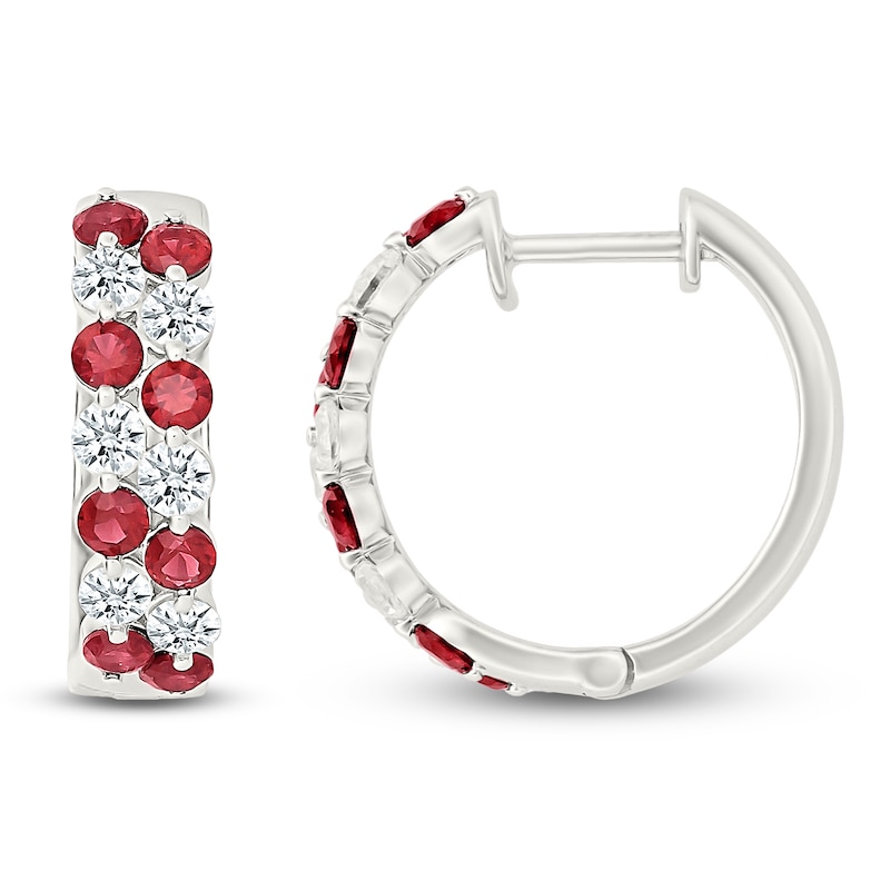 Main Image 3 of Lab-Created Ruby & White Lab-Created Sapphire Two-Row Hoop Earrings Sterling Silver