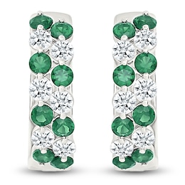 Lab-Created Emerald & White Lab-Created Sapphire Two-Row Hoop Earrings Sterling Silver