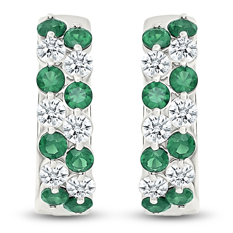 Main Image 1 of Lab-Created Emerald & White Lab-Created Sapphire Two-Row Hoop Earrings Sterling Silver