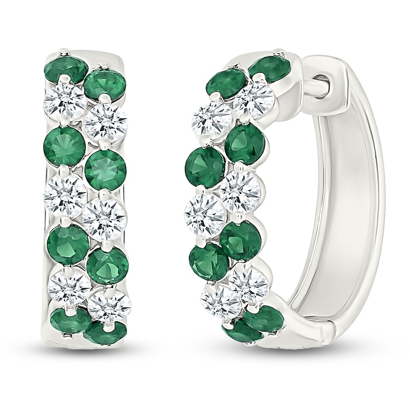 Main Image 2 of Lab-Created Emerald & White Lab-Created Sapphire Two-Row Hoop Earrings Sterling Silver