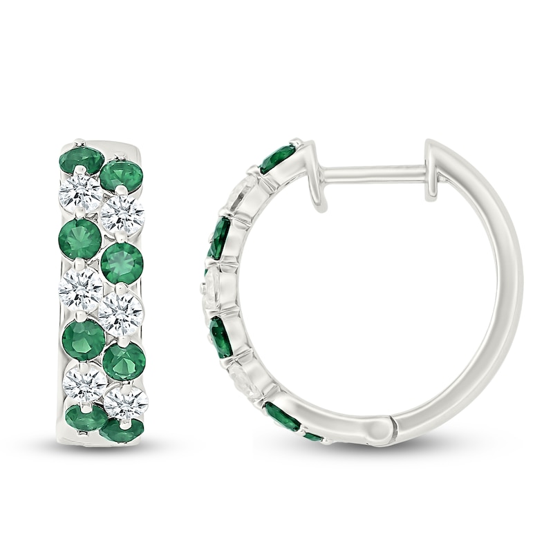 Main Image 3 of Lab-Created Emerald & White Lab-Created Sapphire Two-Row Hoop Earrings Sterling Silver