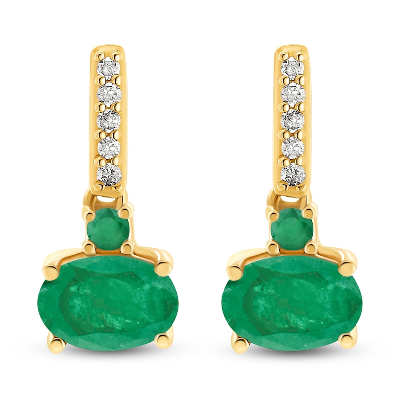 Main Image 1 of Oval-Cut Natural Emerald & Diamond Drop Earrings 1/20 ct tw 10K Yellow Gold