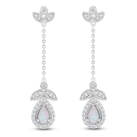 Pear-Shaped Lab-Created Opal & White Lab-Created Sapphire Drop Earrings Sterling Silver