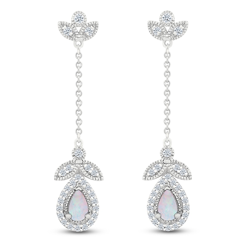 Main Image 1 of Pear-Shaped Lab-Created Opal & White Lab-Created Sapphire Drop Earrings Sterling Silver