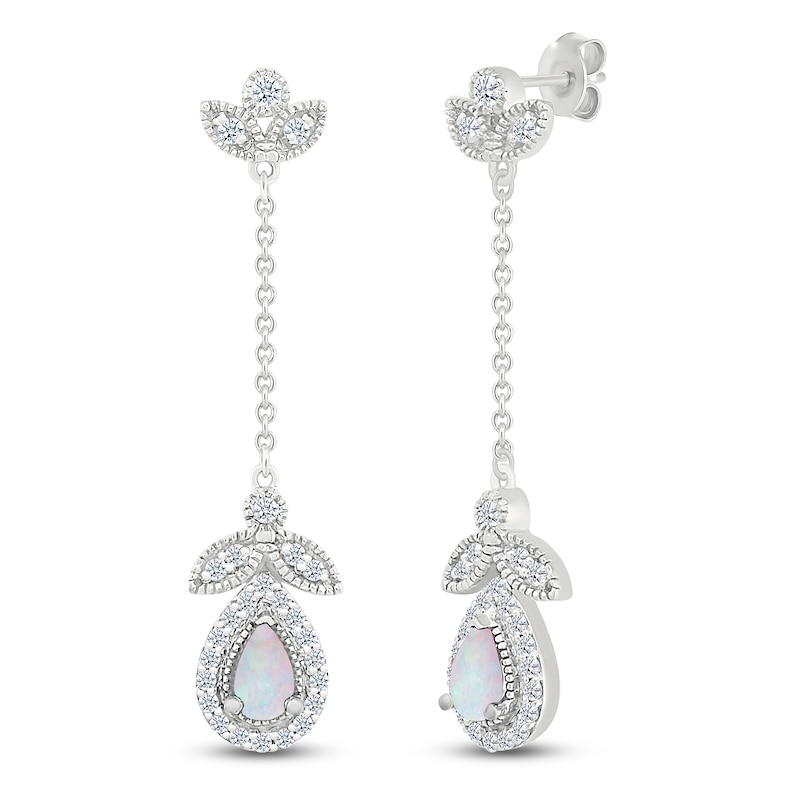 Main Image 2 of Pear-Shaped Lab-Created Opal & White Lab-Created Sapphire Drop Earrings Sterling Silver