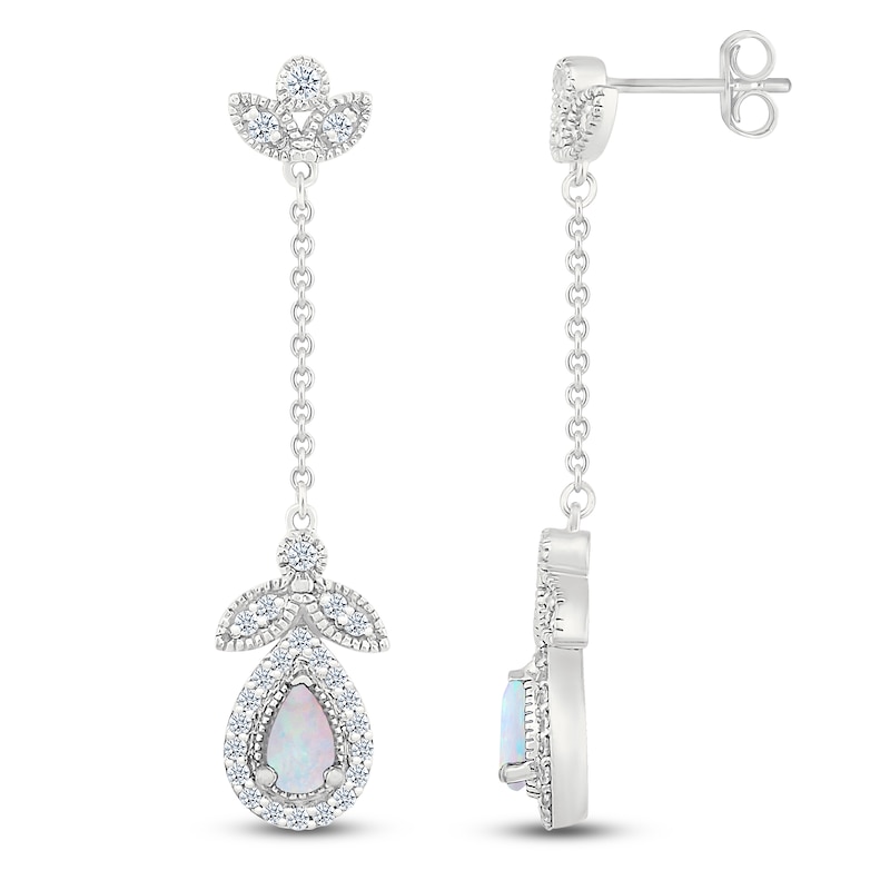 Main Image 3 of Pear-Shaped Lab-Created Opal & White Lab-Created Sapphire Drop Earrings Sterling Silver