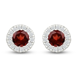 Round-Cut Garnet & Diamond Halo Stud Earrings 1/8 ct tw 10K White Gold