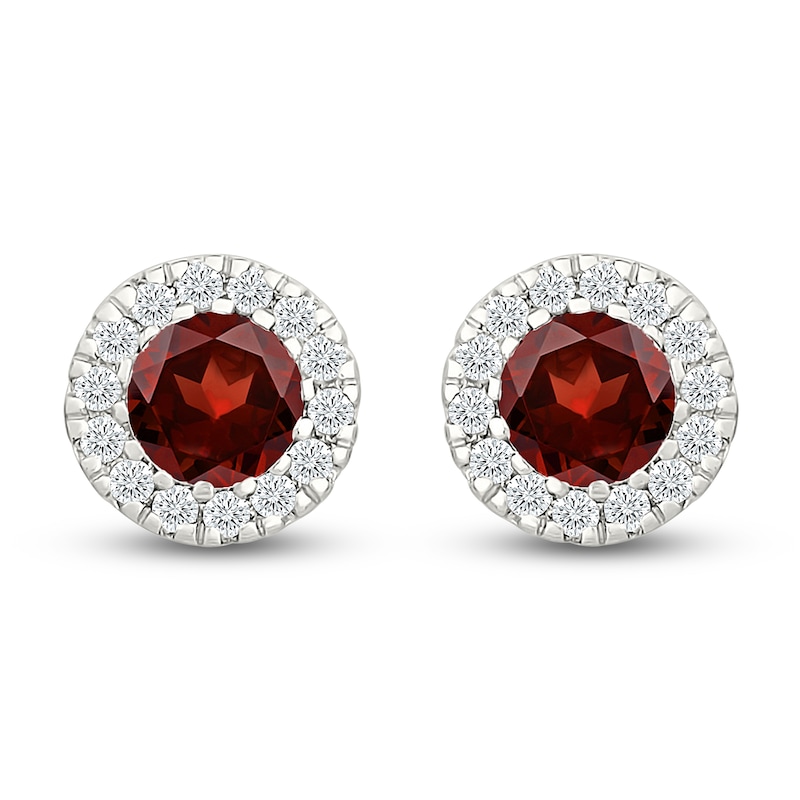 Main Image 1 of Round-Cut Garnet & Diamond Halo Stud Earrings 1/8 ct tw 10K White Gold