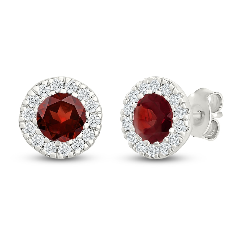 Main Image 2 of Round-Cut Garnet & Diamond Halo Stud Earrings 1/8 ct tw 10K White Gold