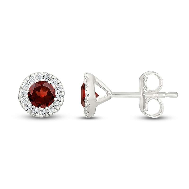 Main Image 3 of Round-Cut Garnet & Diamond Halo Stud Earrings 1/8 ct tw 10K White Gold