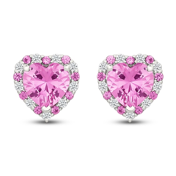 Heart-Shaped Pink & White Lab-Created Sapphire Halo Stud Earrings Sterling Silver