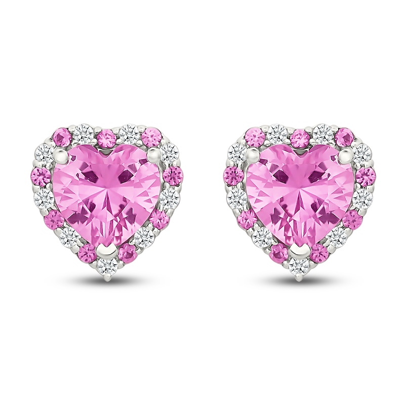 Main Image 1 of Heart-Shaped Pink & White Lab-Created Sapphire Halo Stud Earrings Sterling Silver