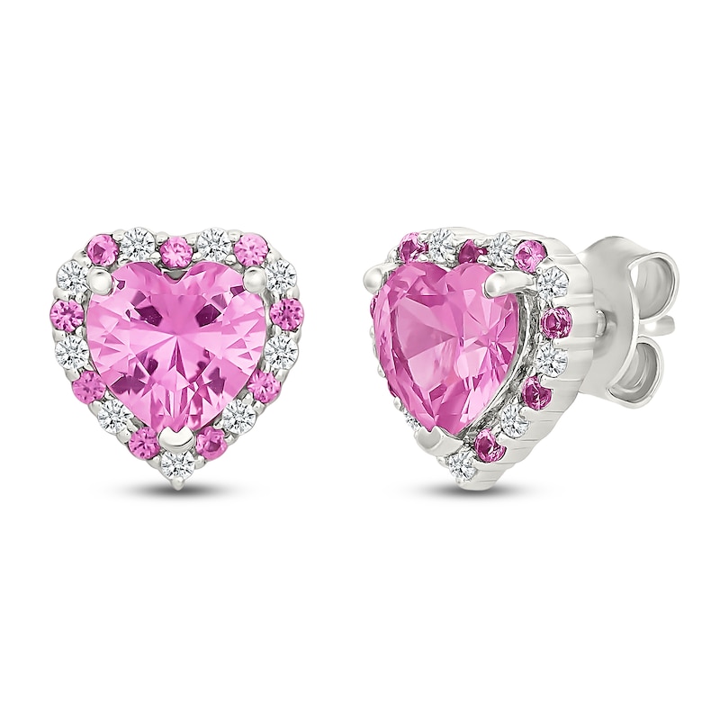 Main Image 2 of Heart-Shaped Pink & White Lab-Created Sapphire Halo Stud Earrings Sterling Silver